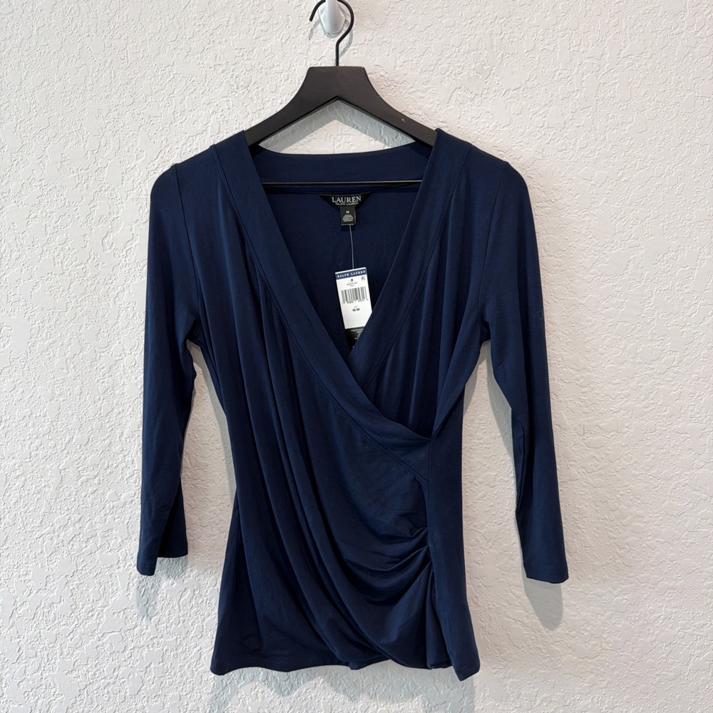 Lauren Ralph Lauren NWT Black Label 3/4 Length Sleeves Navy Faux Wrap Top Medium